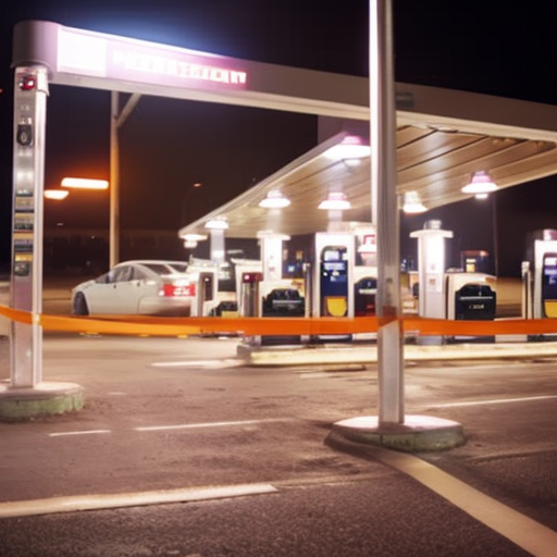 An image showcasing a gas station at night, where a well-lit parking area is flanked by security cameras and highlighted by bright overhead lights
