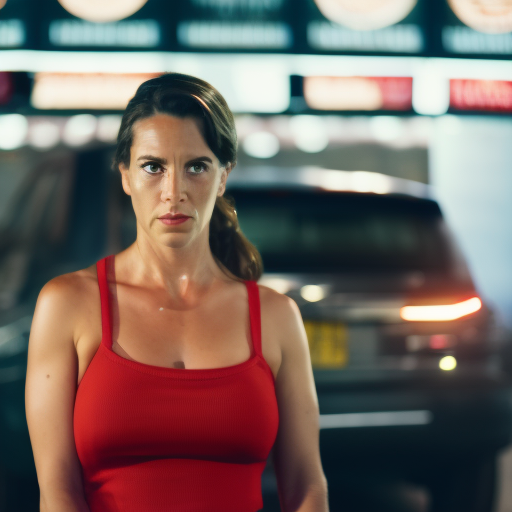 An image capturing a woman at a dimly lit gas station, nervously glancing over her shoulder, gripping her car keys tightly, with a confident expression on her face as she heads towards her vehicle
