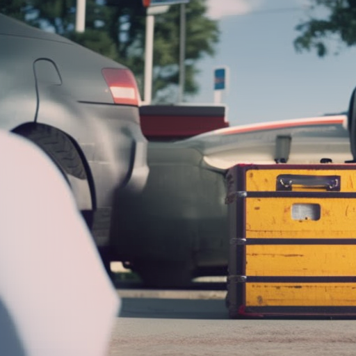 An image showcasing a locked car trunk with a hidden compartment for stashing valuables, placed inconspicuously at a gas station