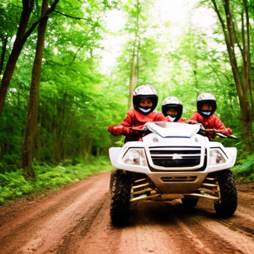 An image showcasing a group of enthusiastic children, grinning ear to ear, as they zoom through a lush green forest on their vibrant, gas-powered 4-wheelers