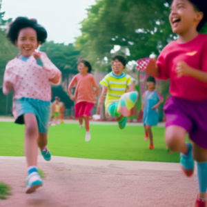 An image showcasing a vibrant playground scene with a group of joyful children wearing colorful Adidas shoes, their feet in motion as they jump, run, and play, radiating excitement and energy