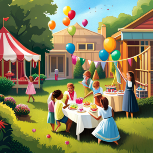 An image of a vibrant backyard filled with colorful balloons, streamers, and a bouncy castle