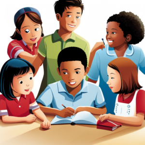 An image of a diverse group of children, eagerly engrossed in various educational activities—reading, experimenting, and collaborating—surrounded by vibrant learning tools like books, pencils, microscopes, and laptops, showcasing their active involvement in their education