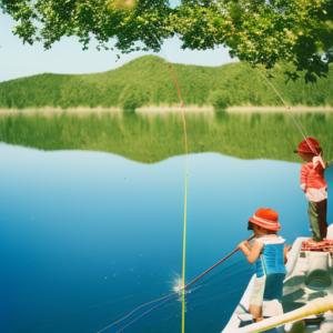 An image of a vibrant lakeside scene, capturing the joyous expressions of children as they eagerly cast their colorful and playful fishing poles into the sparkling water, surrounded by lush greenery and a serene blue sky