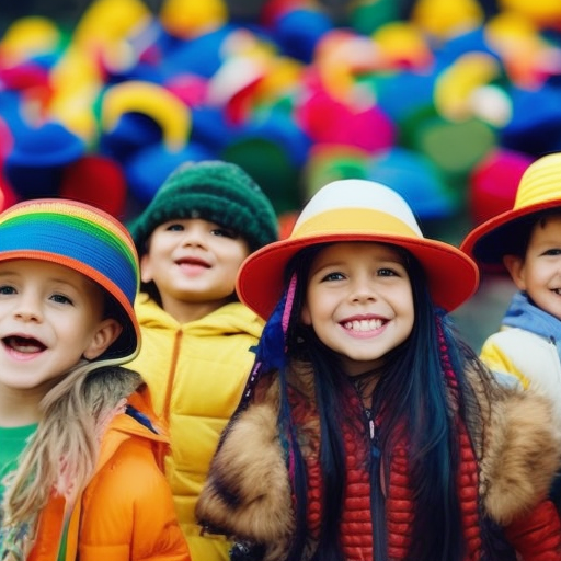 A vibrant image showcasing a group of children joyfully playing outdoors, each wearing a unique and colorful hat