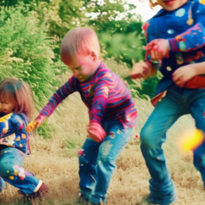 An image showcasing a group of energetic children playing outdoors, their vibrant and well-fitted jeans covered in patches and paint stains, exuding a sense of durability, comfort, and style