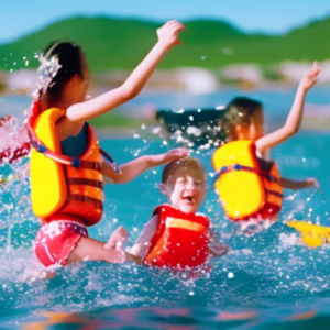 An image showcasing a vibrant summer scene, with children gleefully splashing in crystal-clear water, wearing colorful life jackets adorned with playful designs, ensuring their safety and endless fun