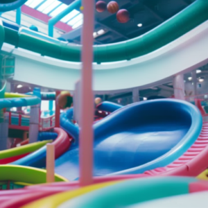An image showcasing a vibrant indoor playground filled with colorful jungle gyms, towering slides, and a ball pit, bustling with joyful children playing, laughing, and exploring endless adventures at their fingertips