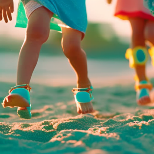An image showcasing a vibrant, sun-drenched beach scene with playful, carefree children running along the shoreline