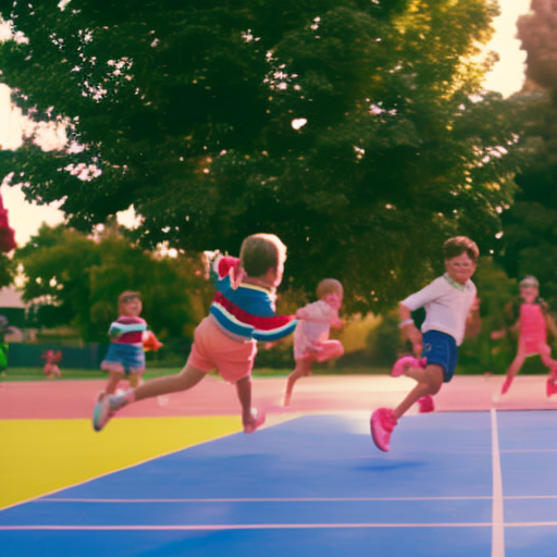 An image featuring a vibrant, action-packed playground scene with a group of joyful children leaping, sliding, and sprinting in their colorful tennis shoes, their feet gliding effortlessly on the rubberized surface