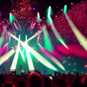 An image showcasing a vibrant stage with Kidz Bop 2023 performers dancing energetically, surrounded by dazzling pyrotechnics and a massive LED screen projecting colorful graphics, as the audience cheers in awe