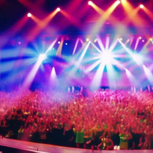 An image of a vibrant and energetic concert stage, adorned with colorful spotlights and a dynamic crowd of diverse children, joyfully dancing and singing along to the infectious beats of Kidz Bop music