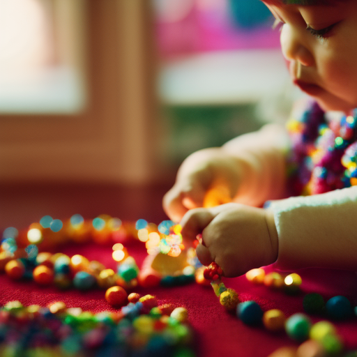 An image showcasing a toddler's hands delicately grasping colorful beads, as they intently thread them onto a lace, fostering their fine motor skills