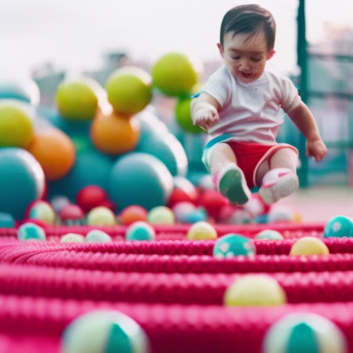 An image of a toddler joyfully jumping off a colorful foam mat onto a plushy obstacle course, surrounded by vibrant balls, as they develop their gross motor skills