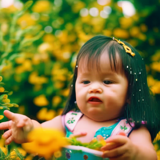 An image showcasing a curious toddler, gleefully exploring a vibrant backyard