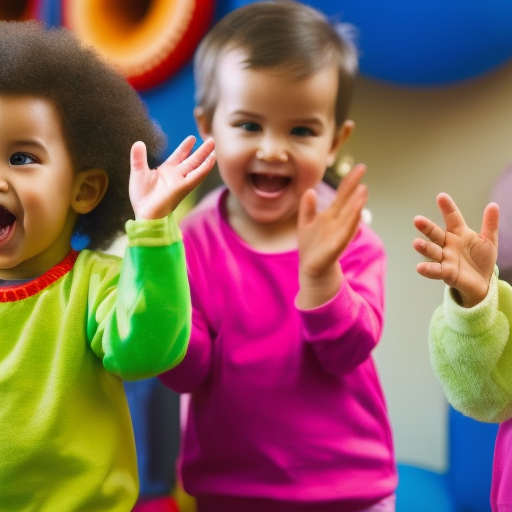 An image of a group of toddlers joyfully clapping and dancing in a brightly lit room, surrounded by colorful musical instruments such as tambourines, maracas, and xylophones, to illustrate the engaging and interactive nature of music and movement activities for young children