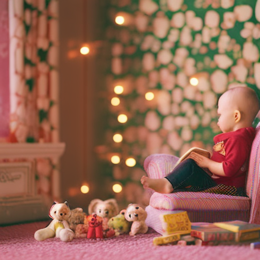An image featuring a cozy corner adorned with colorful picture books, a plush reading chair, and a toddler engrossed in a story, captivated by the vibrant illustrations and imaginative tales