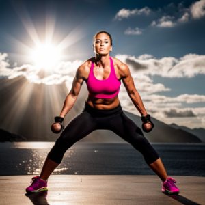 An image showcasing a vibrant, energetic mother engaging in a high-intensity workout routine, radiating determination and resilience, surrounded by a supportive community of fellow moms, all striving to shed post-pregnancy weight