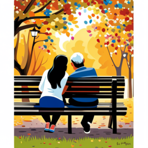 An image capturing the essence of making new parent friends: two adults sitting on a park bench, engrossed in conversation while their children play nearby, exchanging laughter and sharing advice