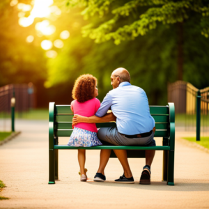 An image showcasing two parents sitting on a park bench, engrossed in conversation while their children happily play together on a vibrant playground