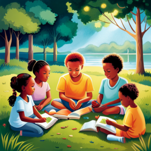 An image showcasing a diverse group of children engaged in a variety of non-digital activities, like playing outdoors, reading books, drawing, and engaging in imaginative play, encouraging healthy screen time management