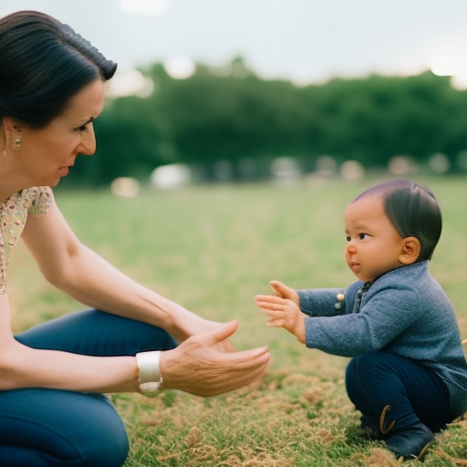An image of a parent crouching down, maintaining eye contact with their upset toddler, while using gentle hand gestures and a calm facial expression to convey understanding and patience during a tantrum