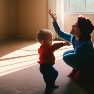 An image capturing a parent gently kneeling, arms outstretched, soothing a red-faced toddler in mid-tantrum