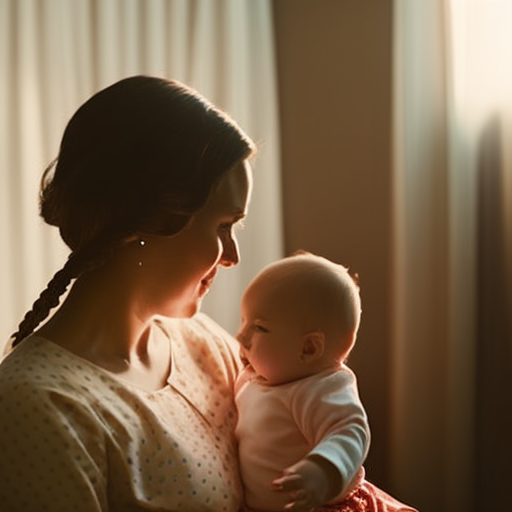 An image of a tired parent holding a fussy baby, struggling to find a comfortable position in a dimly lit room, as the sun's rays peek through the curtains, casting a gentle glow on their faces