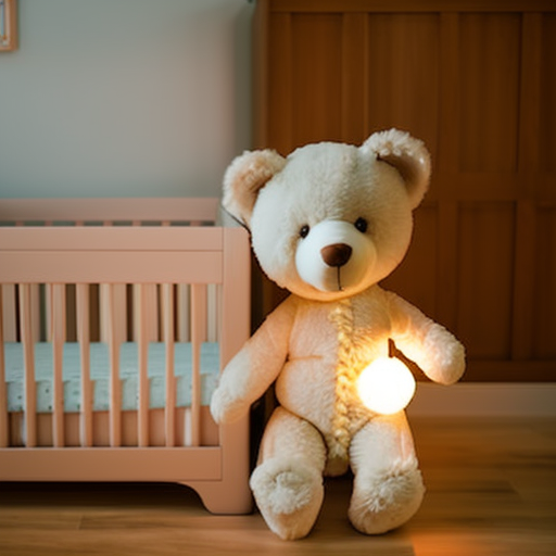 An image depicting a serene nursery setting with soft, dimmed lights and a cozy crib adorned with a plush teddy bear