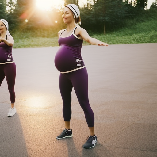 An image showcasing a fit, expectant mother confidently wearing supportive maternity activewear while engaged in low-impact exercises, emphasizing the comfort and flexibility of the attire