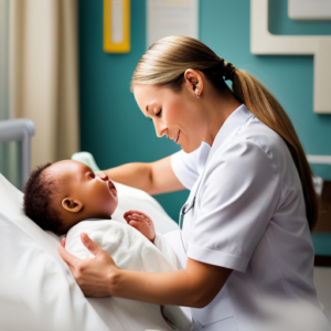 An image capturing the gentle touch of a nurse cradling a newborn baby in a hospital room, surrounded by soft pastel colors, warm lighting, and the subtle sound of a lullaby playing in the background