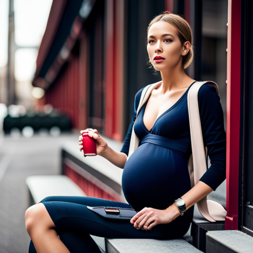  "Capture an image of a stylish pregnant woman proudly sporting a maternity athleisure outfit while accessorizing with trendy pieces like a chic athletic watch, a sleek headband, and a fashionable gym bag