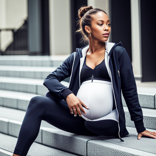 An image showcasing a chic pregnant woman confidently wearing a comfortable and trendy athleisure outfit