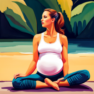 An image showcasing a confident, pregnant woman in stylish maternity athleisure, effortlessly gliding through a yoga flow