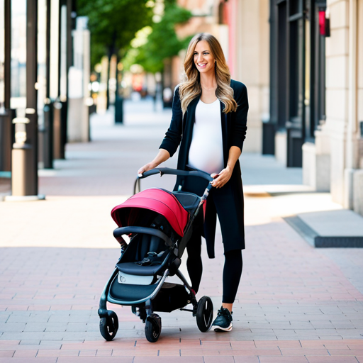 An image featuring a new mom effortlessly stylish, wearing a comfortable and supportive athleisure outfit, confidently striding forward with her stroller, showcasing the seamless transition from maternity athleisure to postpartum fashion
