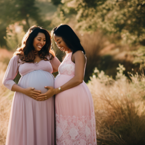 An image capturing the essence of a maternity baby shower dress: a radiant mama-to-be wearing a flowing, pastel-hued dress adorned with delicate lace, cradling her baby bump as she's surrounded by a joyful gathering of loved ones