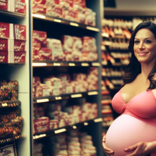 An image that showcases a serene pregnant woman, confidently flaunting her baby bump in a stylish maternity bathing suit, surrounded by an array of online and in-store shopping icons