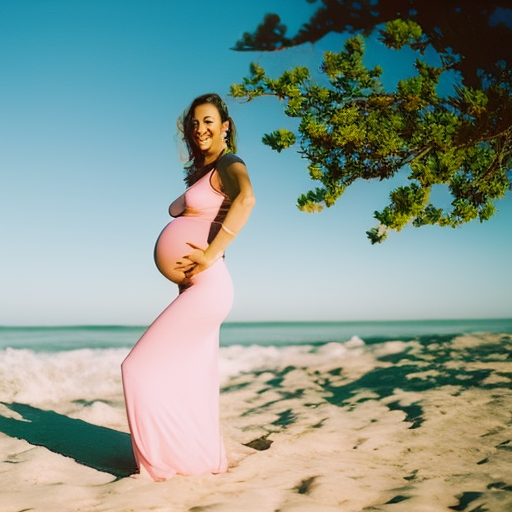 An image featuring a radiant expecting mother, showcasing her blossoming belly in a fashionable maternity bathing suit