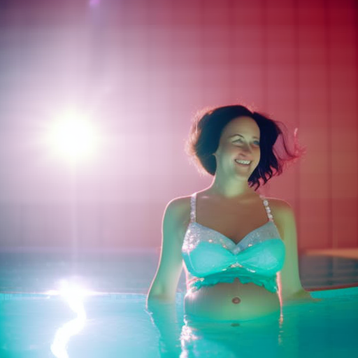 An image showcasing a radiant pregnant woman wearing a comfortable and supportive maternity bathing suit, enjoying a refreshing swim in a crystal-clear pool, beautifully accentuating her baby bump