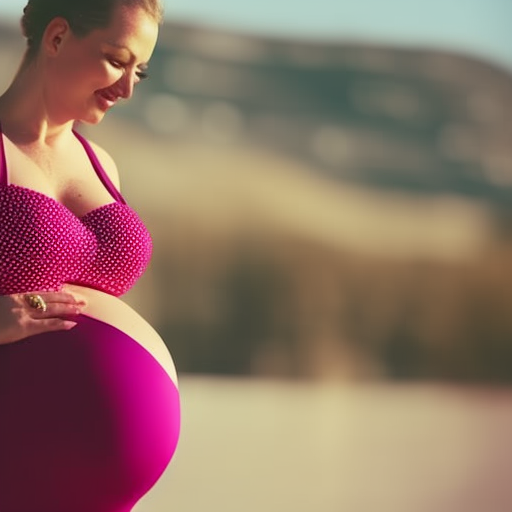 An image showcasing a maternity bathing suit made from soft, breathable fabric, hugging the curves of a pregnant woman