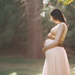 An image showcasing a serene, expecting mother gently cradling her blossoming belly, while wearing a comfortable maternity belt that offers support and relief