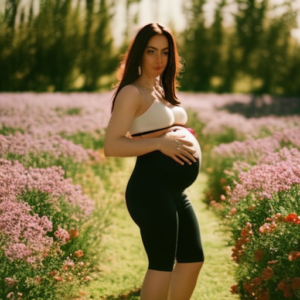An image showcasing a radiant pregnant woman confidently rocking maternity biker shorts