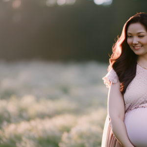 An image showcasing a radiant expectant mother dressed in a flowing, lightweight maternity blouse with delicate lace trim, featuring a flattering empire waistline and gentle pastel hues, exuding both elegance and comfort