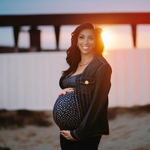An image showcasing a pregnant woman wearing a chic black maternity bodysuit, accessorized with a trendy denim jacket, statement necklace, and ankle boots, effortlessly highlighting stylish ways to rock a maternity bodysuit
