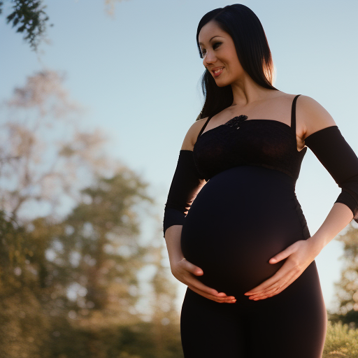 An image showcasing a radiant pregnant woman wearing an elegant, form-fitting black lace maternity bodysuit, complete with delicate scalloped edges and a flattering empire waistline, perfect for special occasions