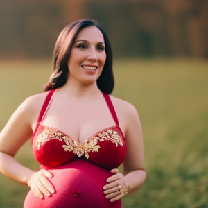 An image showcasing a radiant mom-to-be confidently wearing a maternity bodysuit, emphasizing its seamless design that beautifully hugs her growing belly, with delicate lace trimmings and adjustable straps offering both comfort and elegance