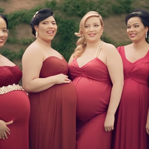 An image showcasing a group of diverse bridesmaids in elegant and figure-flattering maternity dresses