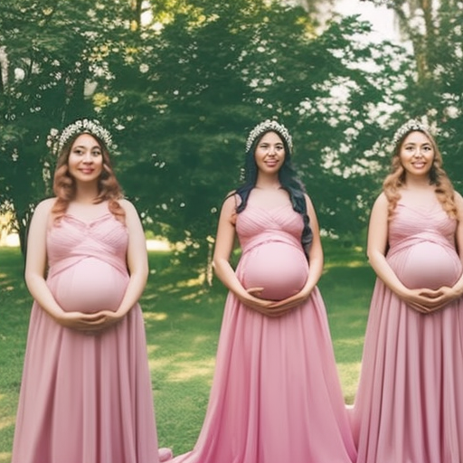 An image showcasing a group of glowing bridesmaids, elegantly dressed in maternity bridesmaid gowns that perfectly complement the bride's vision