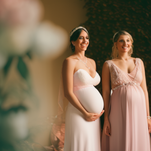 An image of a radiant, pregnant bridesmaid standing beside a beaming bride, both elegantly dressed in flowing chiffon gowns