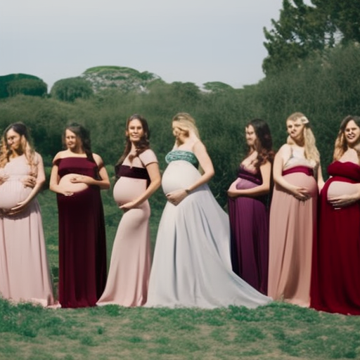 An image showcasing a group of stylish pregnant bridesmaids in various popular and trendy colors for maternity bridesmaid dresses, capturing their elegance and the latest fashion trends